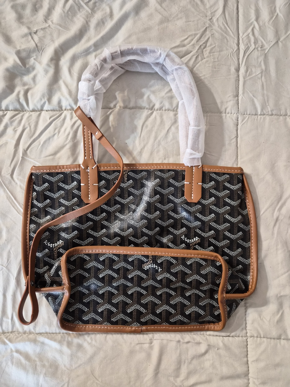 Goyard-Inspired Black & Brown Coated Canvas Tote Bag